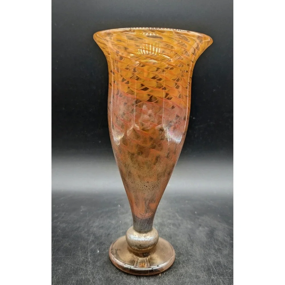 Artisan Hand Blown Amber Orange Swirl Art Glass Trumpet Vase Iridescent Signed